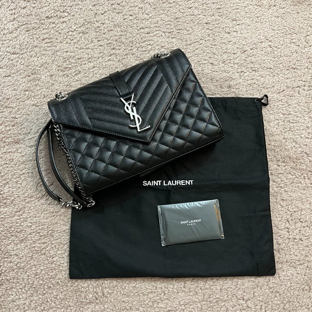 Saint Laurent YSL Envelope Silver Hardware Shoulder Bag Medium Black Leather
